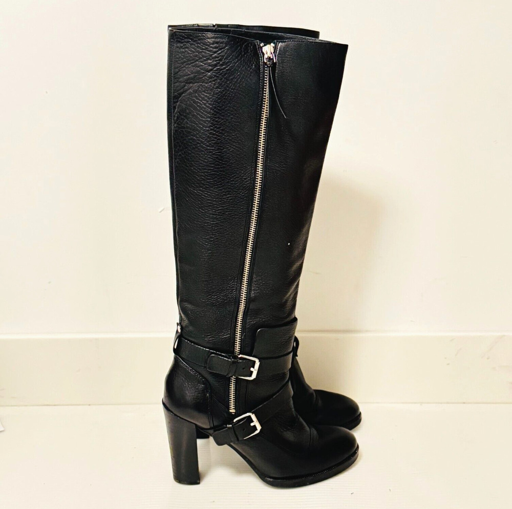 Rebecca Minkoff Boots Womens 8.5 Black Leather Moto Double Buckle Heels Billie